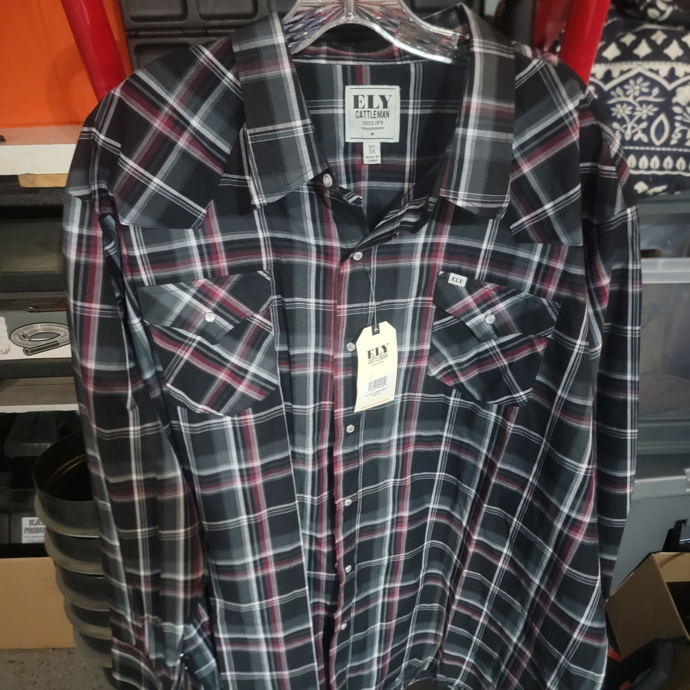 NWT Ely Cattleman Men's Black and Red Plaid Shirt 3X BIG